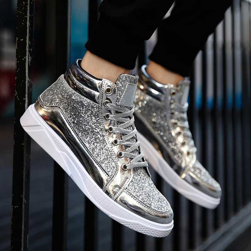 Luxury Men Ankle Boots Fashion High Top Sneakers Male Gold Glitter Shoes Streetwear Hip Hop Casual Boots Designer Rock Men Shoes Z250303
