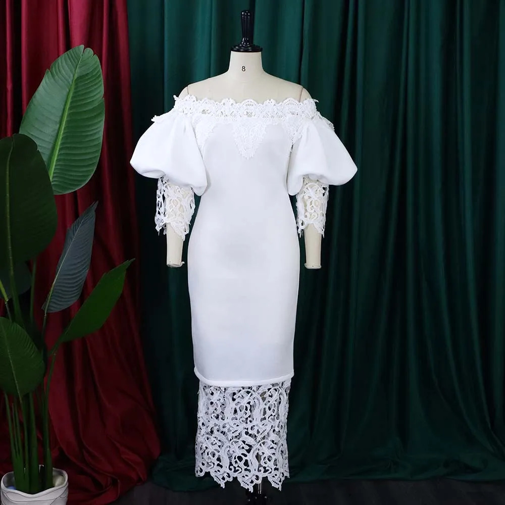 Trend Fashion Lace Midi Dress Slant Neck Short Sleeve Spliced Collar High Waist Solid Color Tight Sexy 250227Z