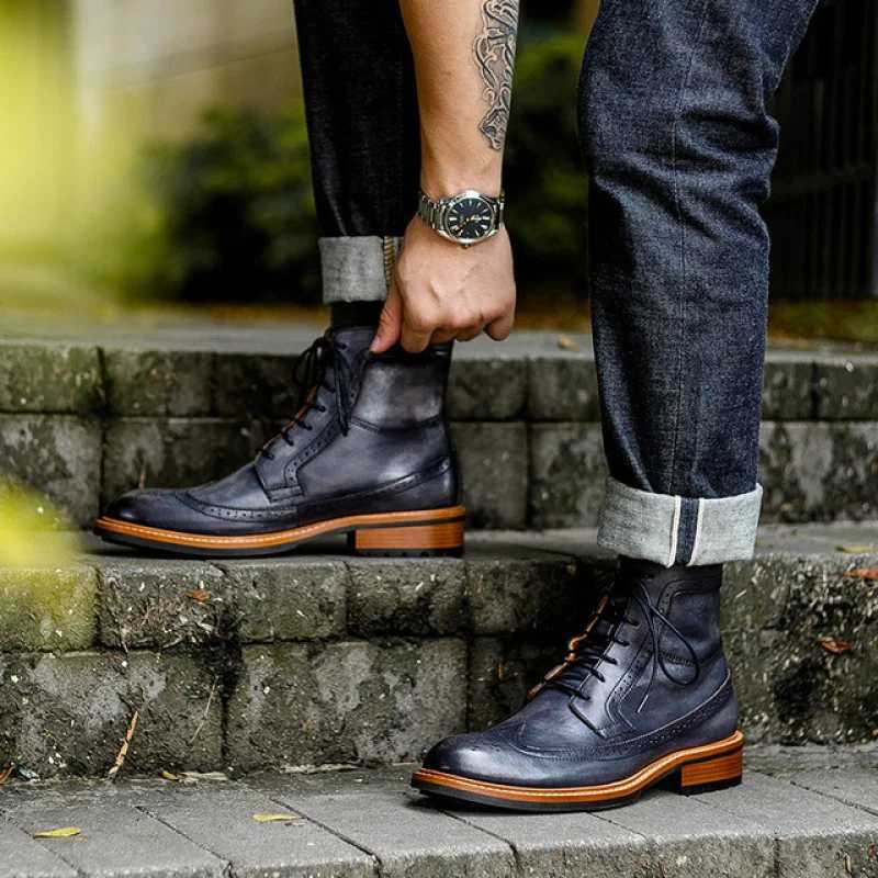 Handmade Men Chelsea Boots Winter Brogue Shoes Luxury Genuine Leather Comfortable Ankle Flat Quality Brown Lace up Male Boots Z250303