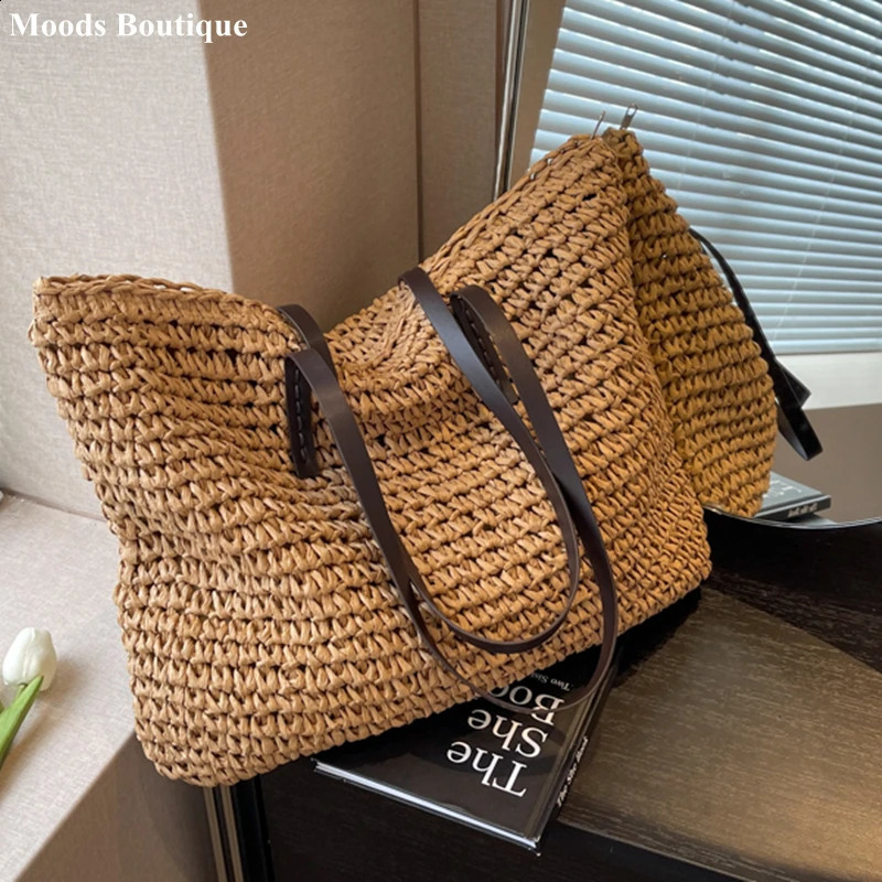 MOODS n Straw Woven Tote Bags For Women Large Capacity Shoulder Beach Bag Pure Color Summer Big Shopping Handbag 250227