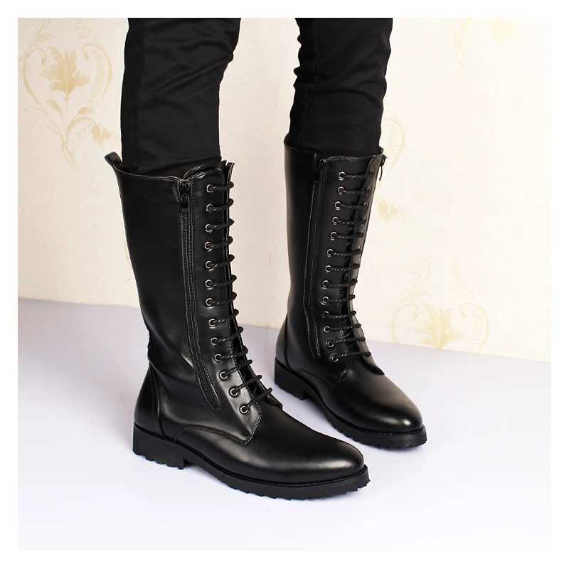 mens luxury fashion genuine leather boots black autumn winter shoes lace up high boot punk motorcycle long boots masculinas men Z250303