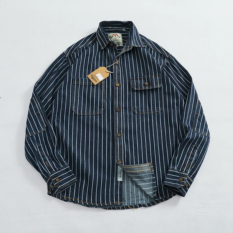 Heavy duty vertical striped cargo denim shirt mens old washed cotton elbow sticker fabric lapel long sleeved jacket 250226