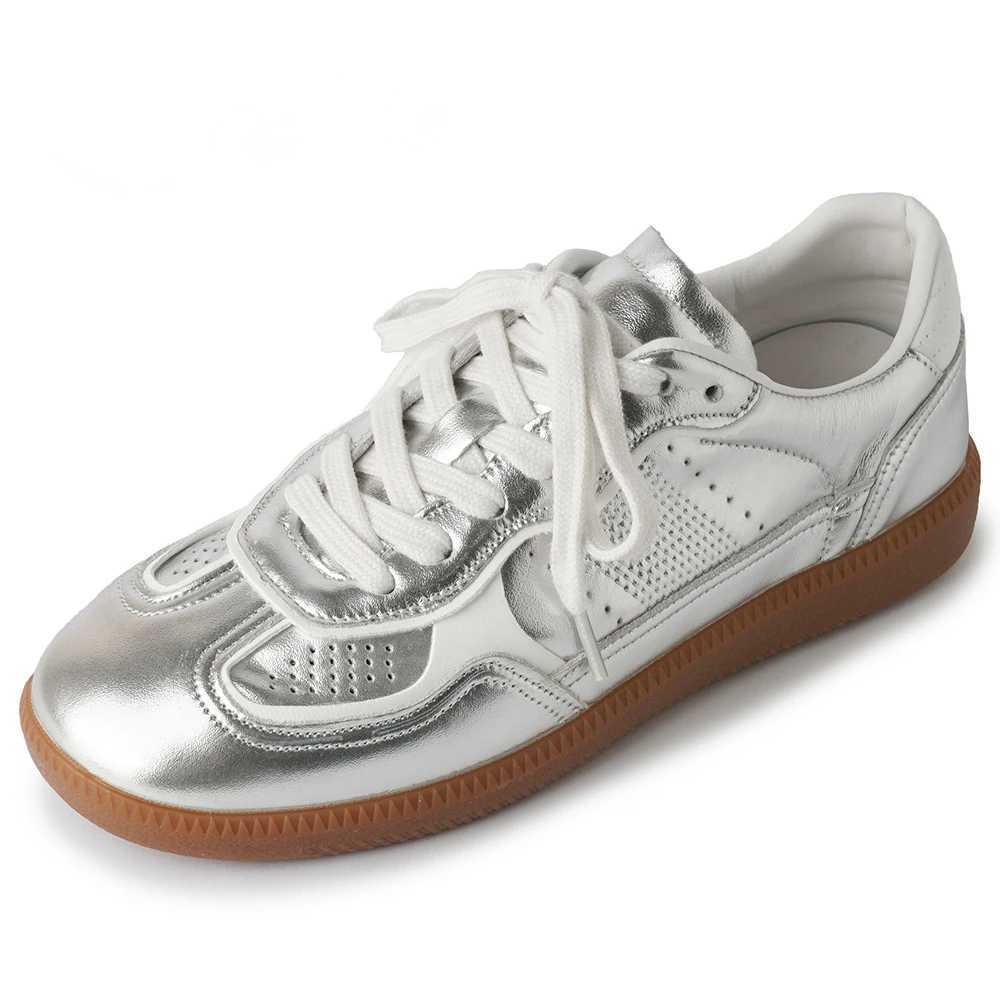 Women Breathable Tennis Trainers Bottom Silver Leather Flats Walking Sneakers Youth Girls Students Outdoor Travel Casual Shoes M250303