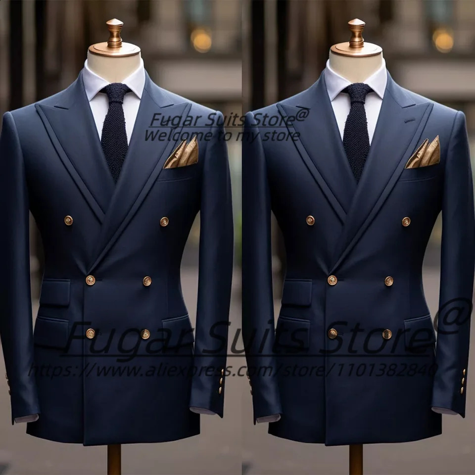 Italian style Navy Blue Meeting Men Suits Slim Double Breasted Groom Formal Tuxedos 2 Pcs Sets Classic Male Blazers Mens Clothing 250224