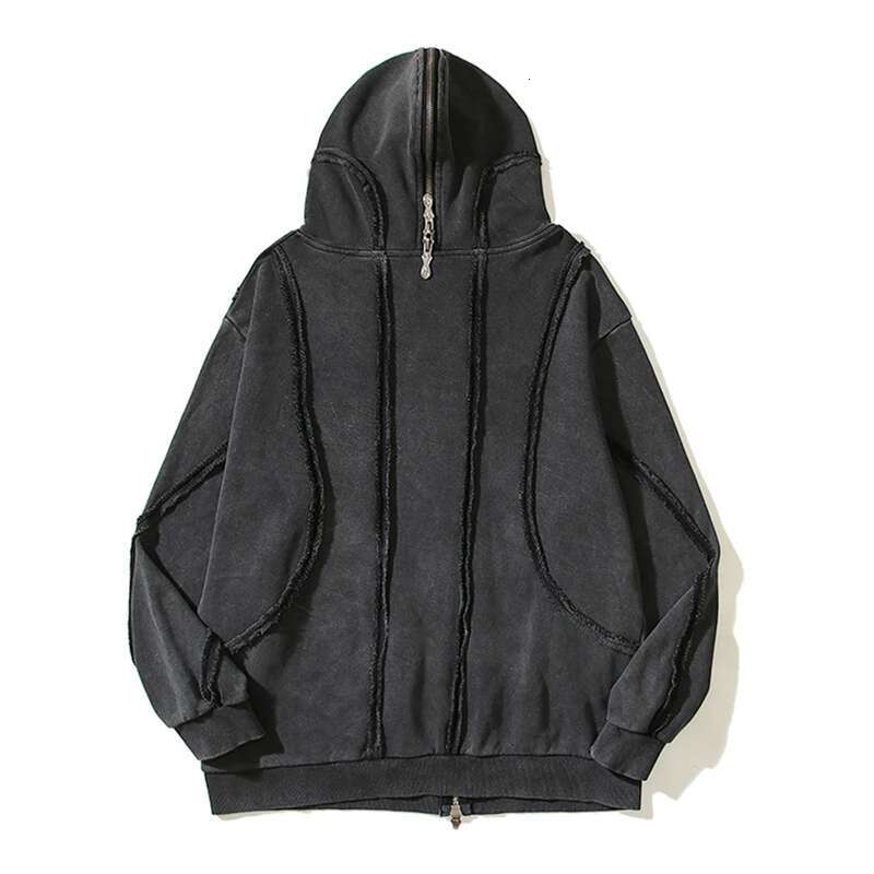 PFNW Washed Printed Zipper Design Sweatershirt Male Spliced Hooded Cardigan Short Clothing Men's Trendy Tops 2025 New 28W5071