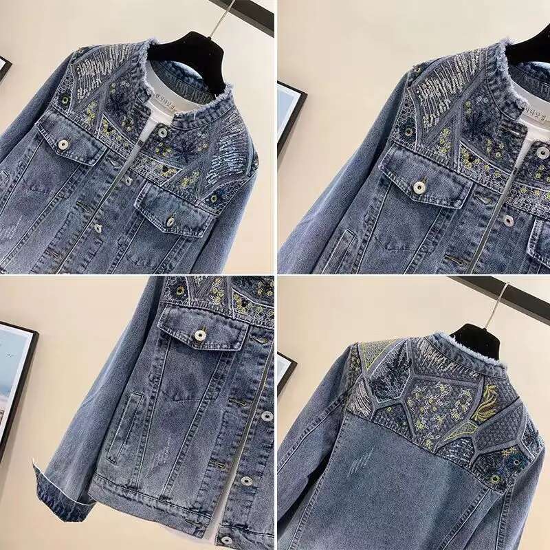 Vintage Beaded Women Bomber Jacket Autumn Embroidered Denim Jackets Blue Coat Turn-Down Collar Outerwears Washed Jaqueta Jeans