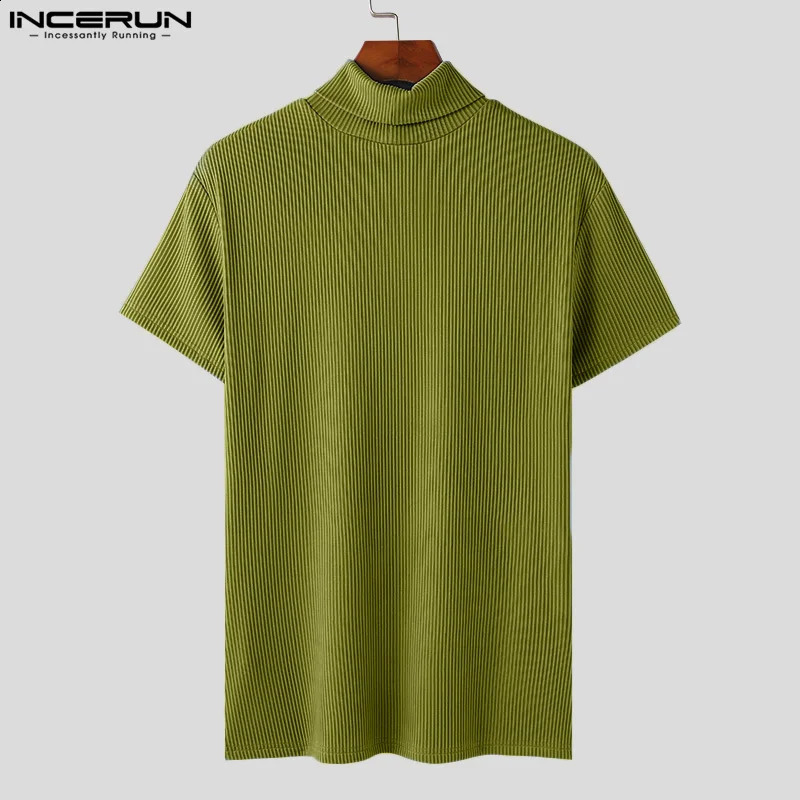 INCERUN Mens T Shirt Turtleneck Short Sleeve Hollow Out Solid Color Skinny Men Clothing Streetwear Knitted Summer Tee Tops 250226