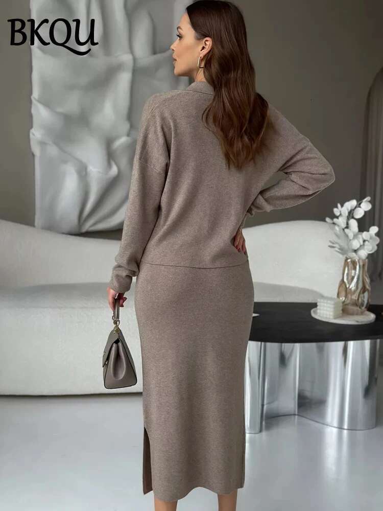 Lace-Up Knitted Two Piece Sets Women Elegant Long Sleeve Lapel Sweater+Split Midi Skirt Winter Lady Chic Warm Outfits