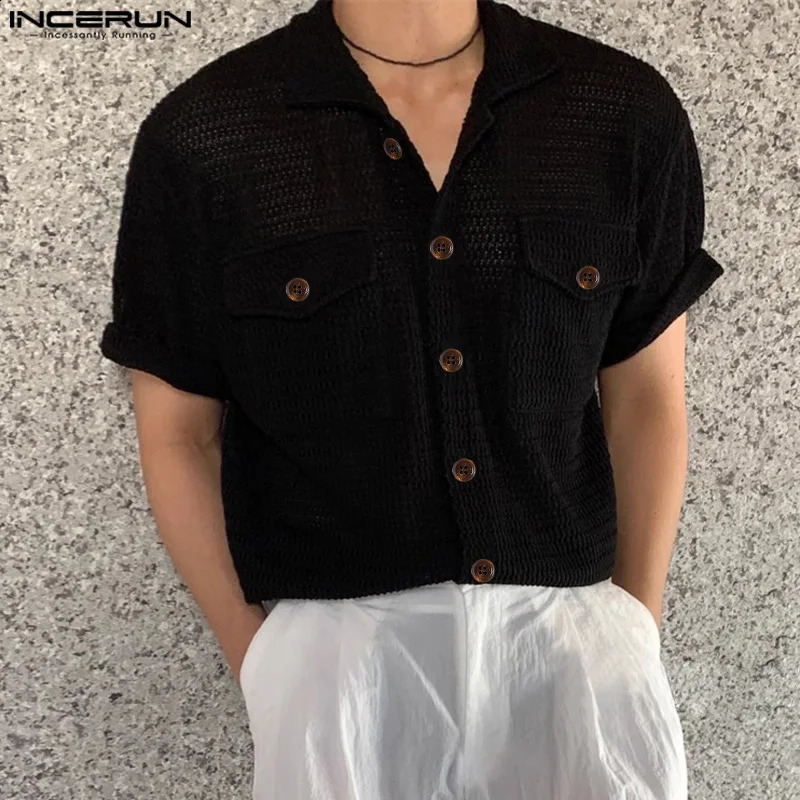 Stylish Streetwear Style Tops INCERUN Mens Mesh Hollow Double Pocket Shirts Casual Solid Short Sleeved Blouse S-5XL 250224