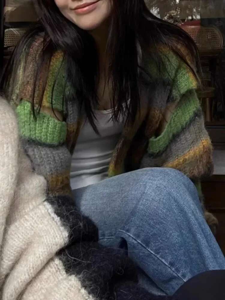 New Fashion Grunge Striped Women Knitwear 2025 Streetwear All Match Loose Y2k Aesthetic Sweaters Casual Vintage Cardigans Autumn