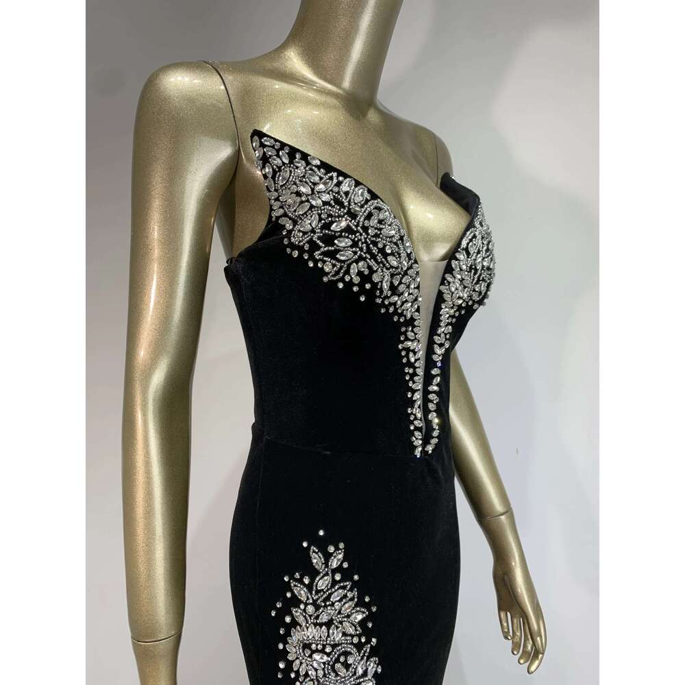Brand New Women Celebrity Sexy Strapless Dias Veet Black Long Gowns Elegant Split Evening Party Maxi Dress