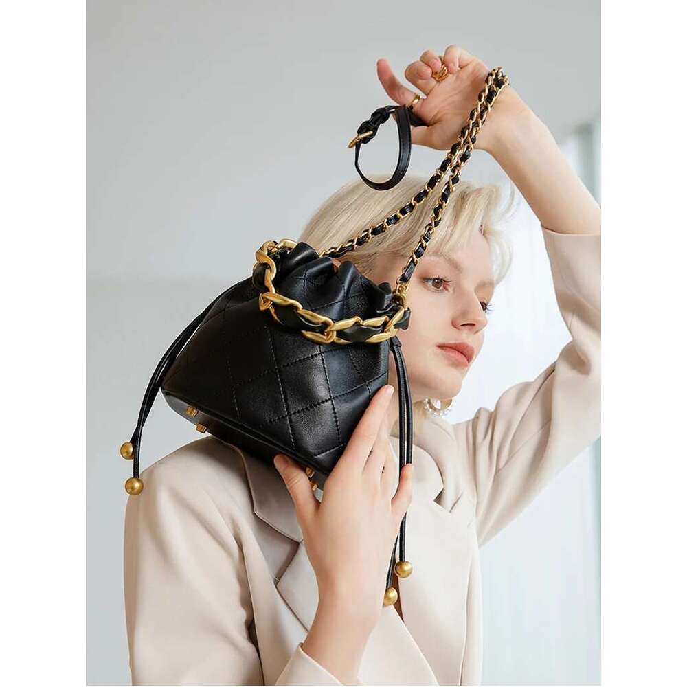 Genuine Leather Quilted Drawstring Bucket Bag Women With Chain Strap Crossbody Handbag For Commuting Christmas Gift