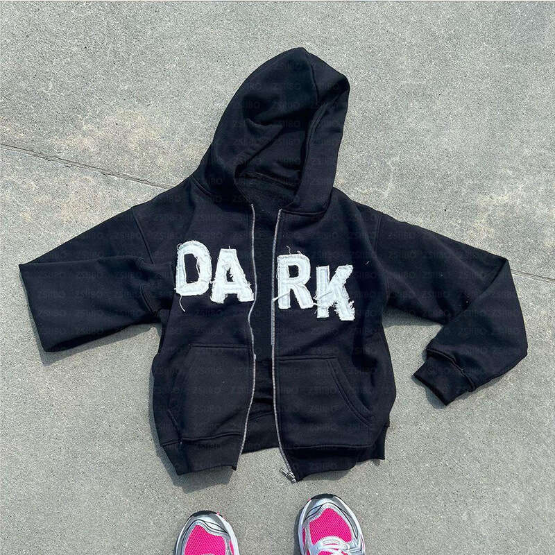 Autumn winter letter sticker hooded cardigan zipper jacket hip-hop loose pants men's and women's trendy brand set batch