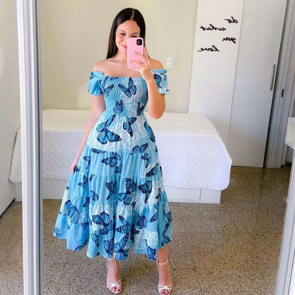 Elegant Womens Off Shoulder Midi Dress Summer Fashion Dress High Waist Flower Printed Short Sleeve Dress Robe Clothing 250226