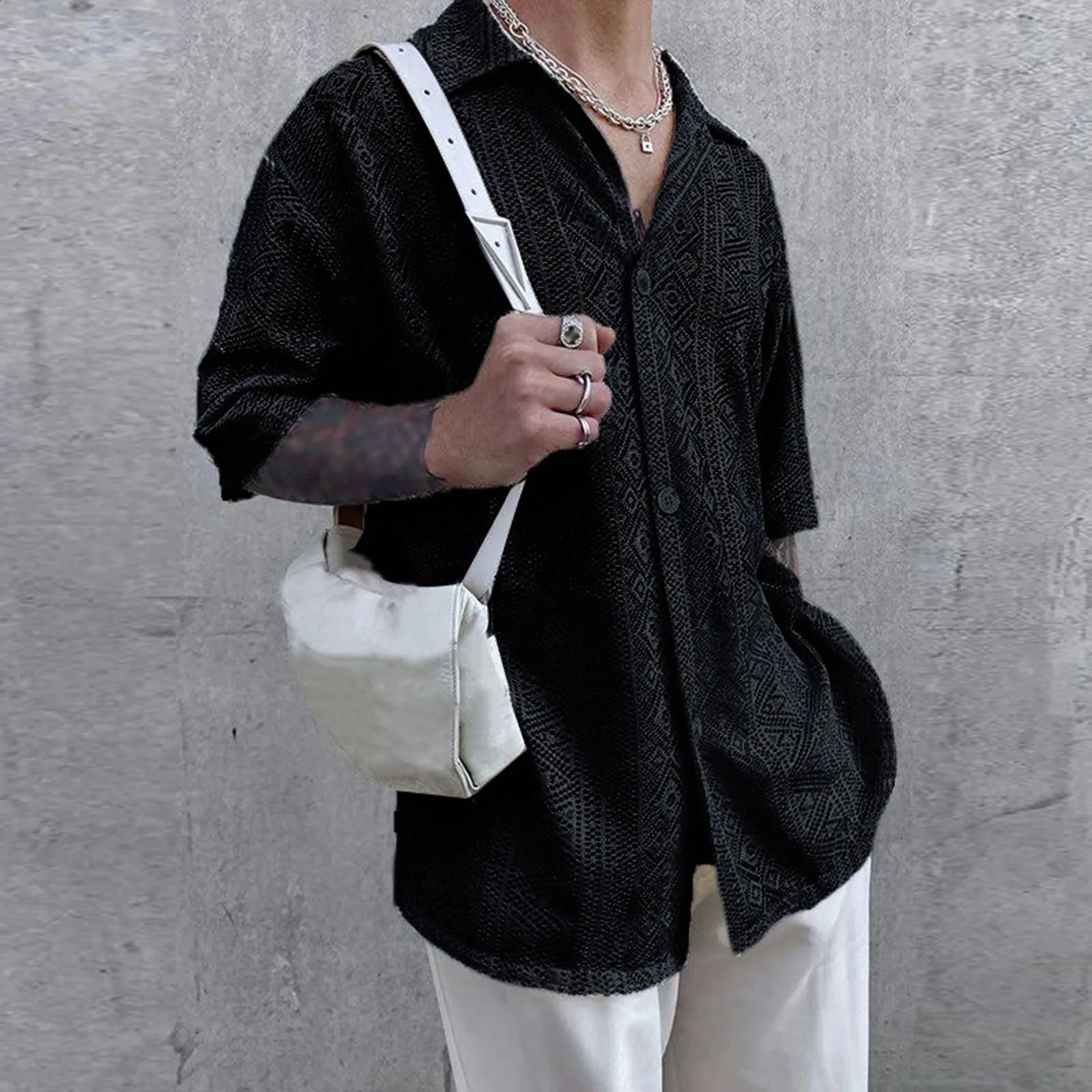 Mens hollow button down shirt mens trend summer collar short sleeved breathable shirt mens sexy see through shirt 250224