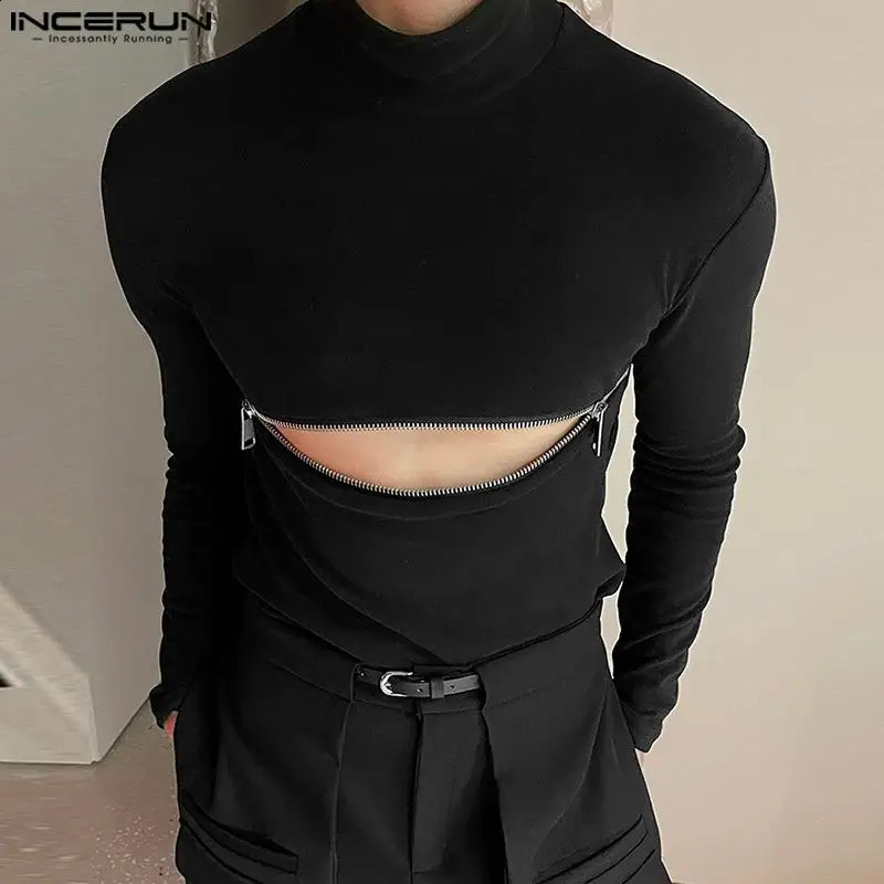 INCERUN Mens T Shirts Solid Color Turtleneck Long Sleeve Fitness Streetwear Shirts Hollow Out Zipper Casual Mens Clothing 250226