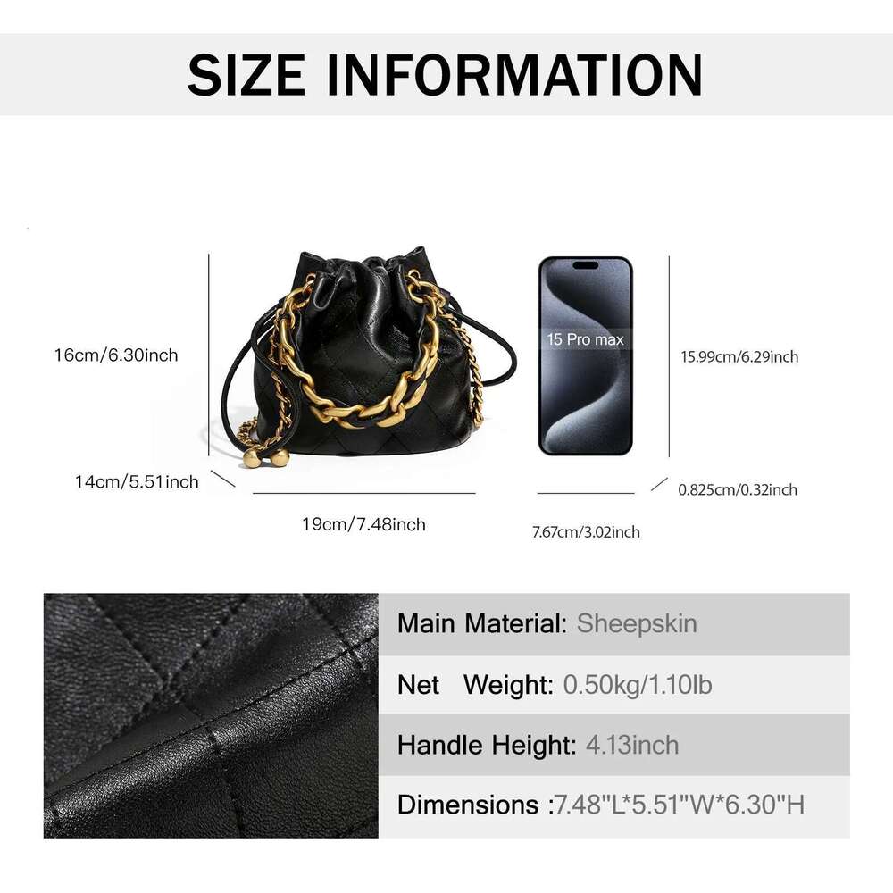 Genuine Leather Quilted Drawstring Bucket Bag Women With Chain Strap Crossbody Handbag For Commuting Christmas Gift