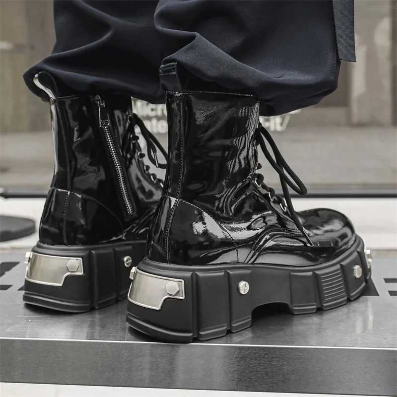 Luxury Men Boots Original Black Motorcycle Round Toe Side Zipper Punk Boots for Men Metal decoration Height Increasing Shoes Men Z250303