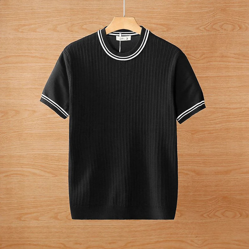 Fashionable Mens Slim Knit T Shirts Spring Summer Casual Short Sleeve Crew Neck Striped Knitted T-shirt For Men Knit Jumper 250224