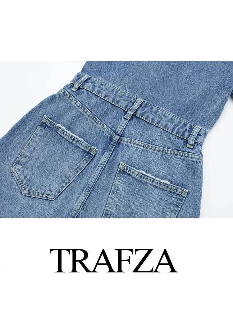 TRAFZA Summer Woman 2023 Blue Turn-Down Collar Multi-Pocket Short Sleeve Single Breasted Female Chic Denim Dresses