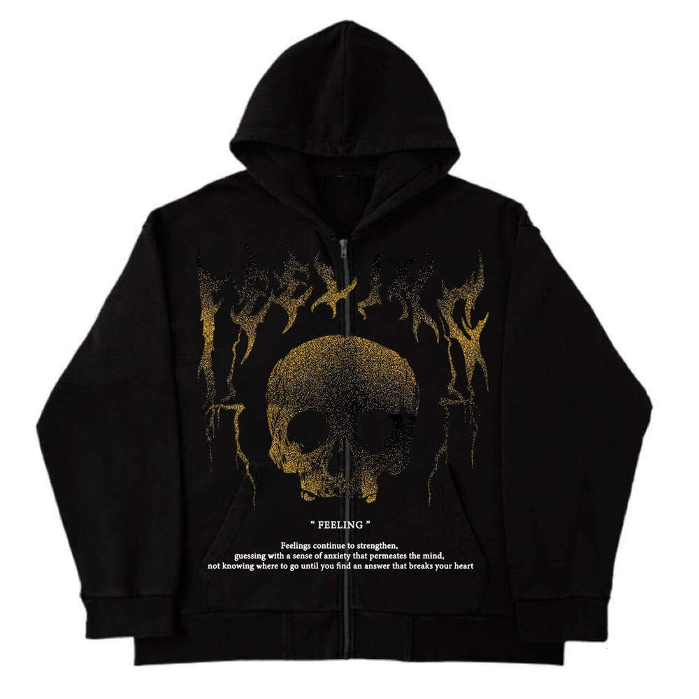 Y2K loose jacket top men's skull print Gothic dark style long sleeved zipper hooded sweatshirt