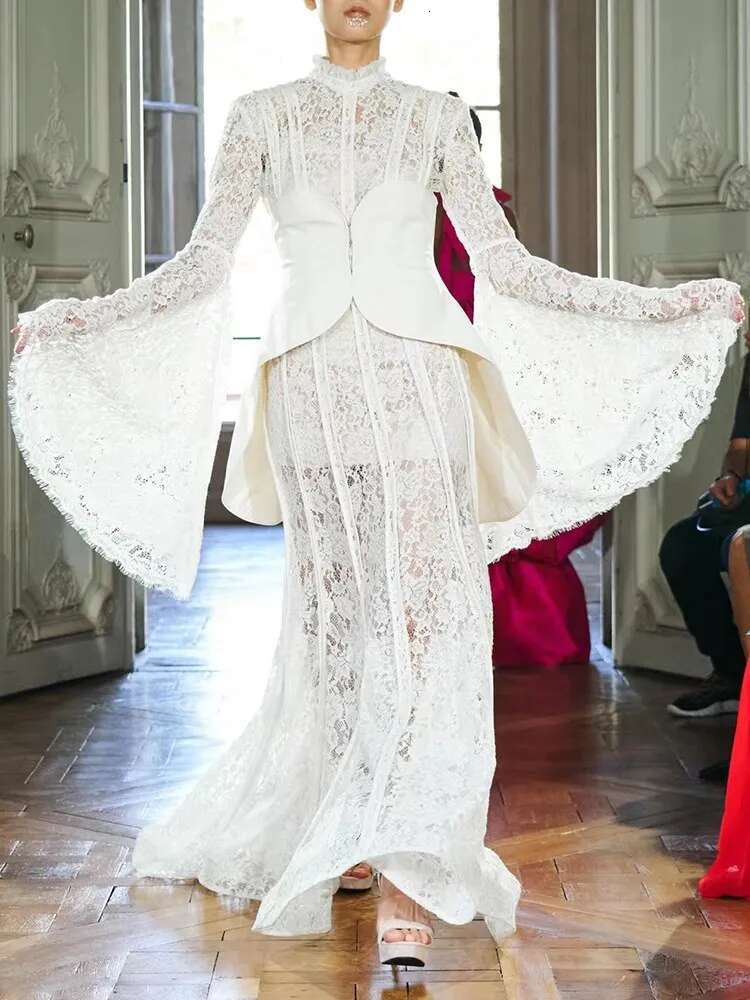 TWOTWINSTYLE Patchwork Lace Slimming Dresses For Women Stand Collar Flare Sleeve High Waist Solid Elegant Dress Female Fashion