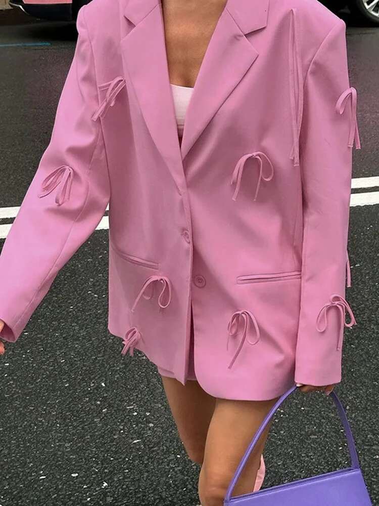 Patchwork Bow Women Elegant Notched Collar Pink Long Sleeve Blazer Autumn Chic Loose Single Breaste Office Coat