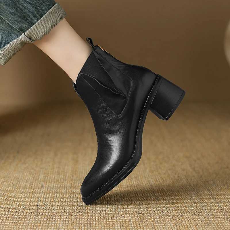 2024 Autumn Women Boots Genuine Leather Shoes for Women Pointed Toe Chunky Heel Shoes Slip-on Ankle Boots Handmade Western Boots Z250303