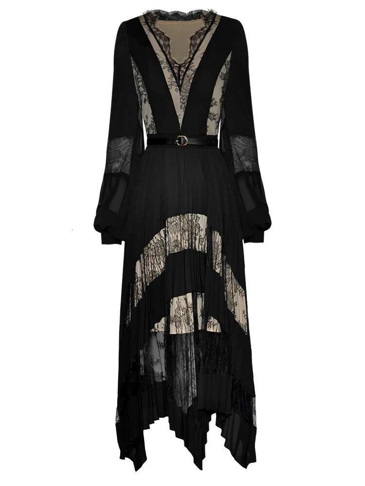 VGH Patchwork Lace Solid Sexy Slimming Dresses For Women V Neck Long Sleeve High Waist Spliced Belt Temperament Dress Female New