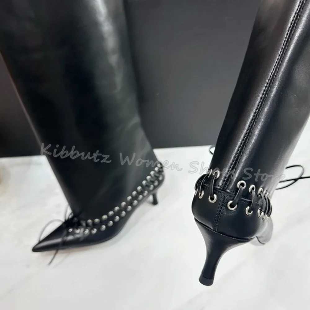 Knee High Boots Wide Lace-Up Cross Strap Genuine Leather Slip-On Luxury Concise Party Dress Women Shoes Pointed Toe Kitten Heels Z250303
