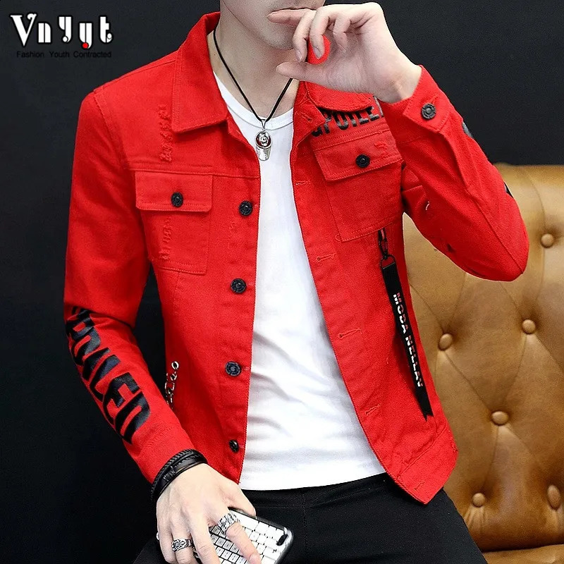 Wholesale Ribbon Mens Handsome Thin Jacket Mens frazzle Slim Denim Spring Summer Wild teenagers Printed Denim Jacket 250228