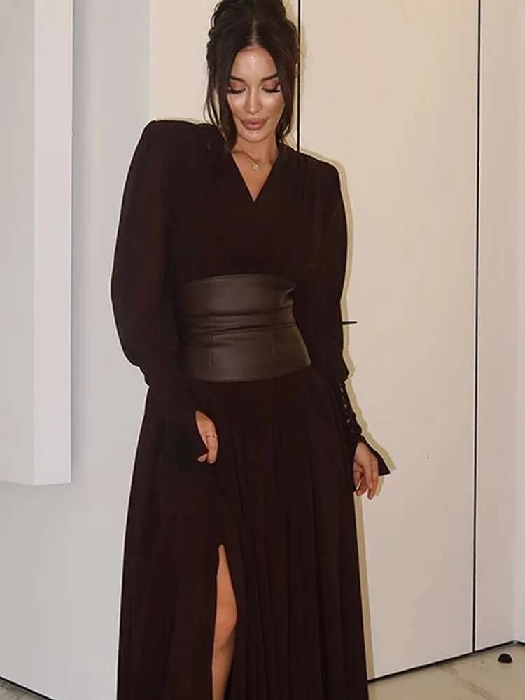 Elegant Retro Solid Color Fashion V Neck Split Dresses Autumn New Women's Party Long Sleeved A-E Dress