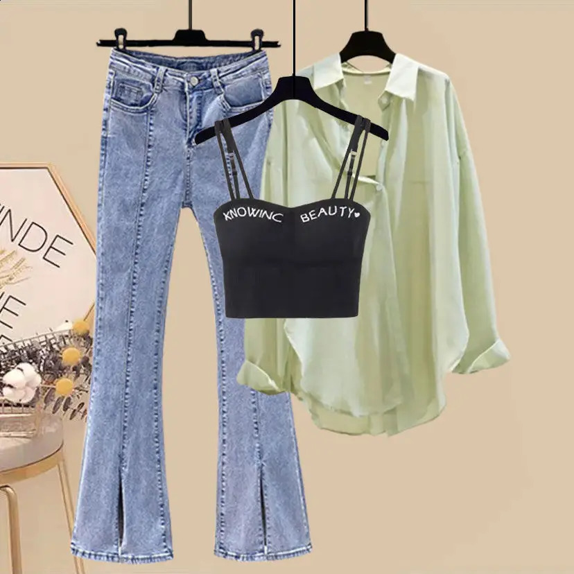 Womens Set SpringSummer 2023 Korean Fashion Slim Tank Top Casual Shirt Micro Flare Pants Three Piece 250225