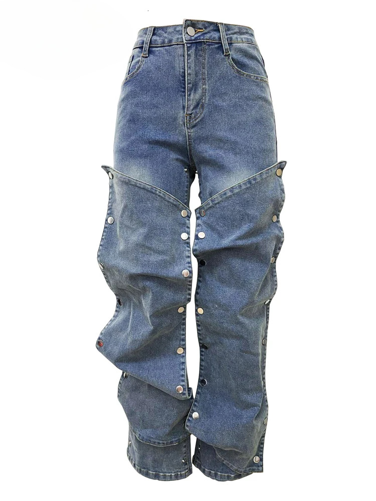 Fashion Straight Jeans Women's Detachable Button Decoration Denim Wide Leg Pants High Waist Hipster Streetwear Bottoms