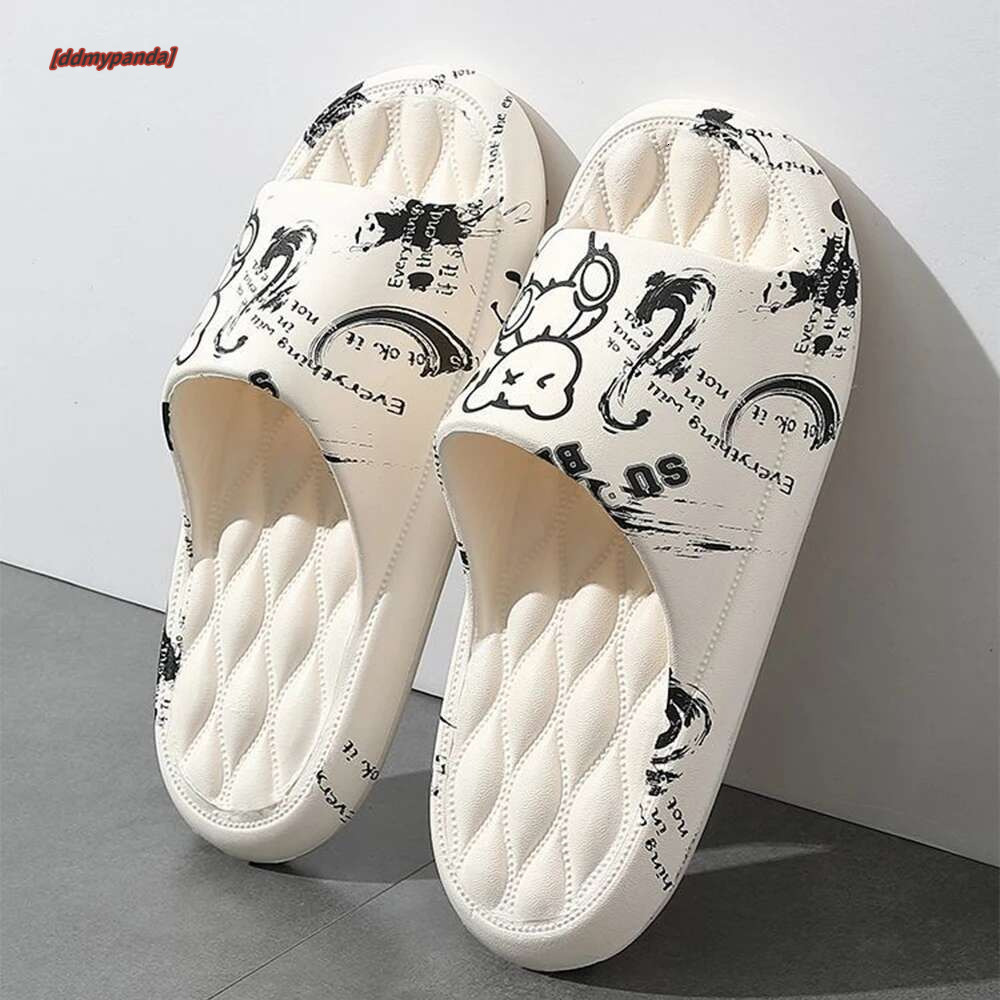 Summer Cartoon Print Women Slippers Thick Flat Outdoors Beach Slides For Men Bath Sandals Couple Ladies Shoes #ddmypanda