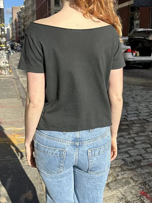 Bridge Print Loose Crop Top for Woman Summer Roll Hem Slash Neck Short Sleeve Cotton Cropped T-shirt Casual Streetwear Tee Tops 250303