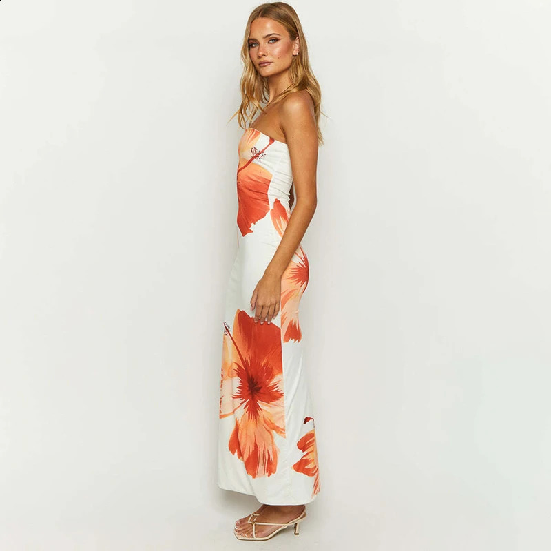 CUTENOVA Womens Flower Printed Tubeless Dress Casual Vacation Off Shoulder Slim Beach Floor Length Long 250228