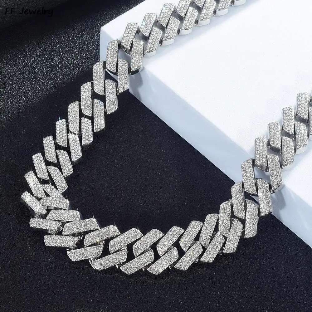 20MM Prong k Necklace HipHop Men Women Iced Out 3 Row Rhie Paved Miami Rhombus Cuban Chain Jewelry