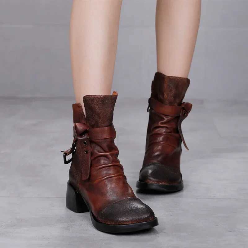 Birkuir Original Thick Heel Boots For Women Mixed Colors Pleated Luxury High Heel Pumps Shoes Genuine Leather Zip Ankle Boots Z250303