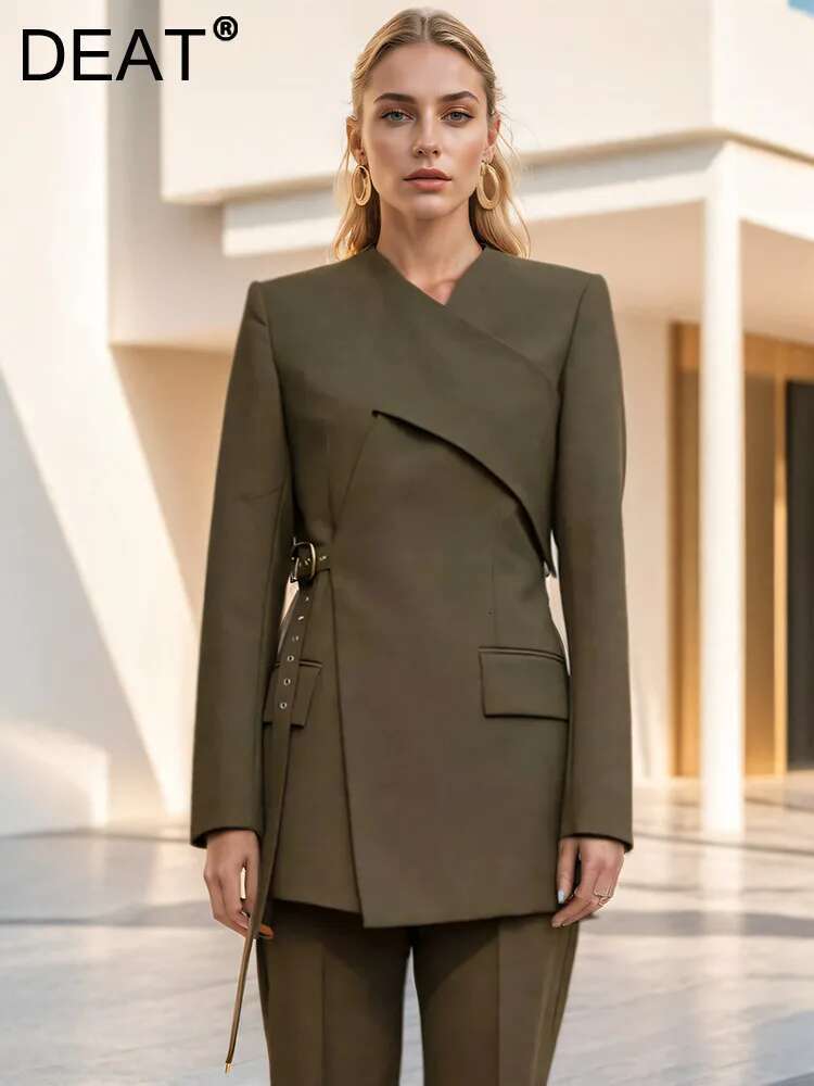 DEAT Fashion Women's Blazer V-Neck Deconstruction Chicken Eye Retractable Waist Long Sleeve Suit Jackets Autumn 2025 New 1Dh7482