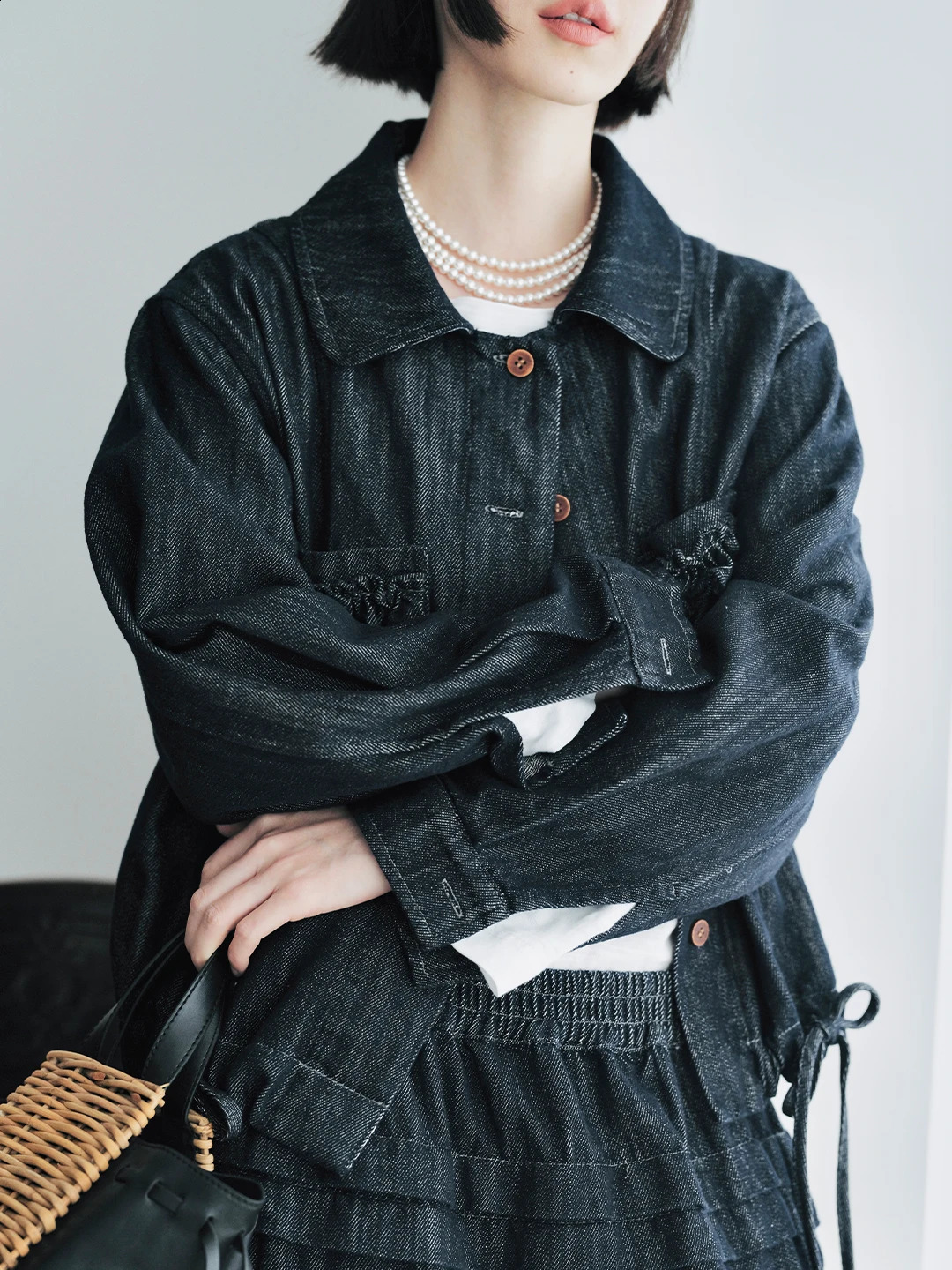 IMAKOKONI original n denim jacket with lapel single chest button tied womens long sleeved shirt 244768 250228