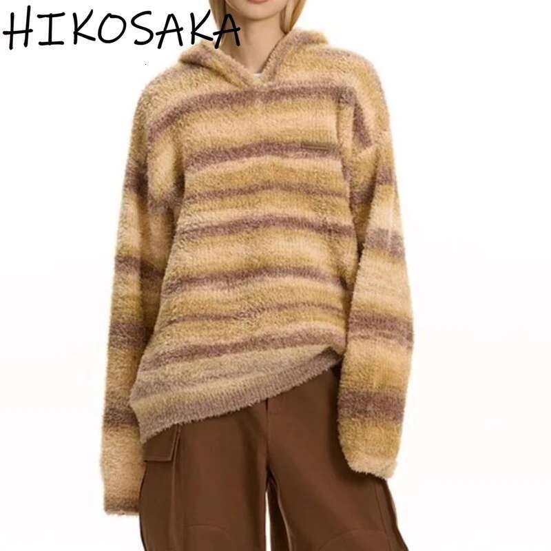 American Vintage Striped Gradient Hooded Sweater All-match Loose Long Sleeve Pullovers Autumn Winter Warm Casual Haruku Jumper