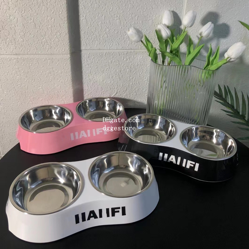 Designer Double Dog and Food Bowls, Stainless Steel with Non-Slip Resin Station, Pet Feeder Bowls for Puppy Medium Dogs Cats Size L 33*W 17.5*H 6 CM J