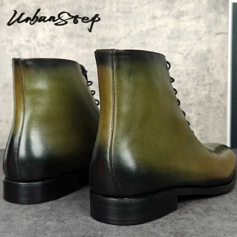 Luxury Men Ankle Boots Shoes Green Hand Polishing Lace Up Oxford Boots Casual Dress Man Genuine Leather Boots Men Z250303