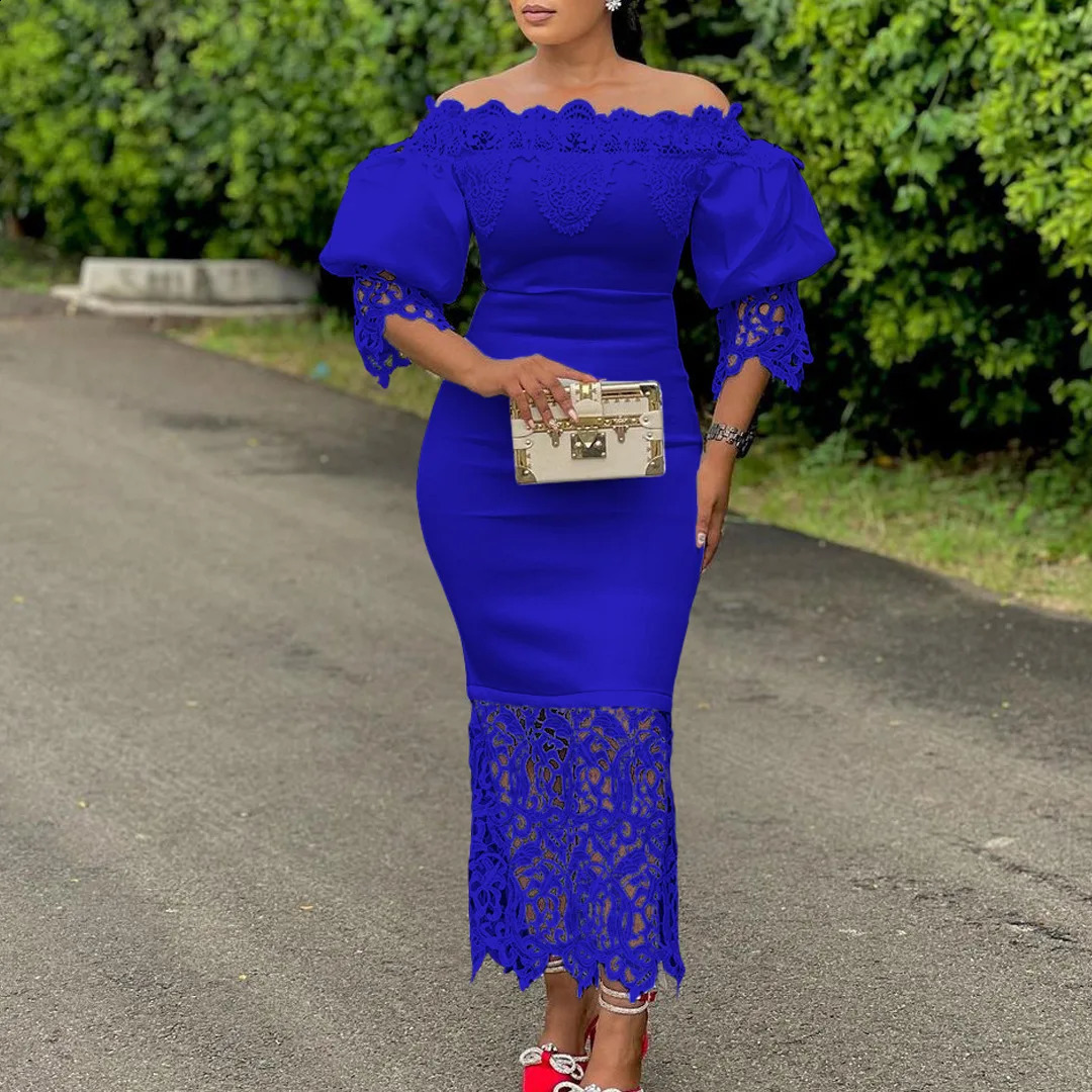 Trend Fashion Lace Midi Dress Slant Neck Short Sleeve Spliced Collar High Waist Solid Color Tight Sexy 250227Z