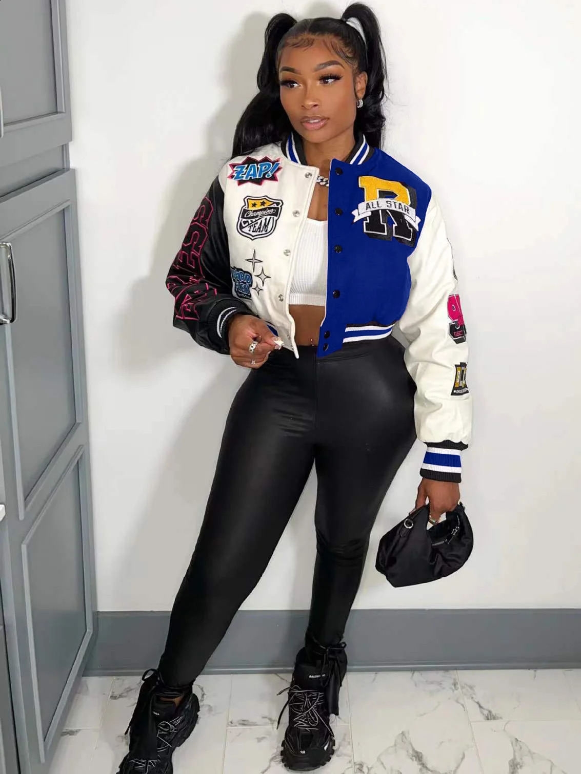 Varsity Jacket for Women Fall Winter Print Patchwork Long Sleeve Buttons Streetwear Racing Bomber Jackets Top Y2k 250228