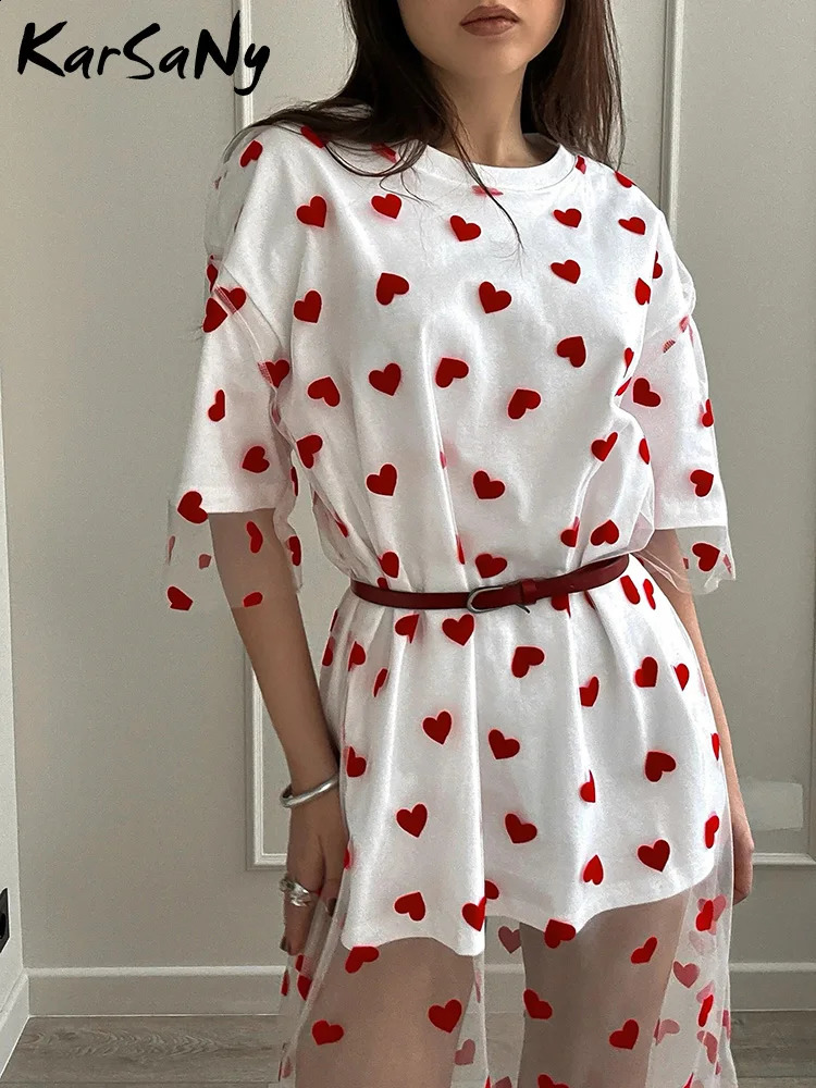 Long Mesh T Shirt Dress For Women Short Sleeve Heart Tulle Two Piece Dresses WOmens White Loose Maxi With Red 250228