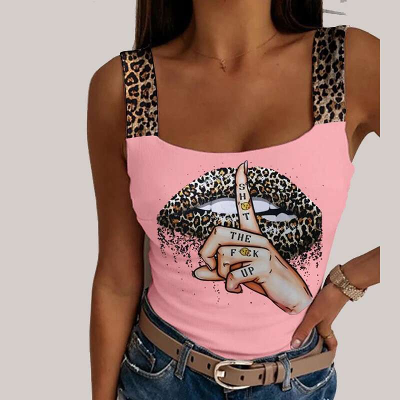 Women's Sexy Tank Leopard Lips Print Crop Fashion Party Club Summer Sleeveless Streetwear Bustier Tops