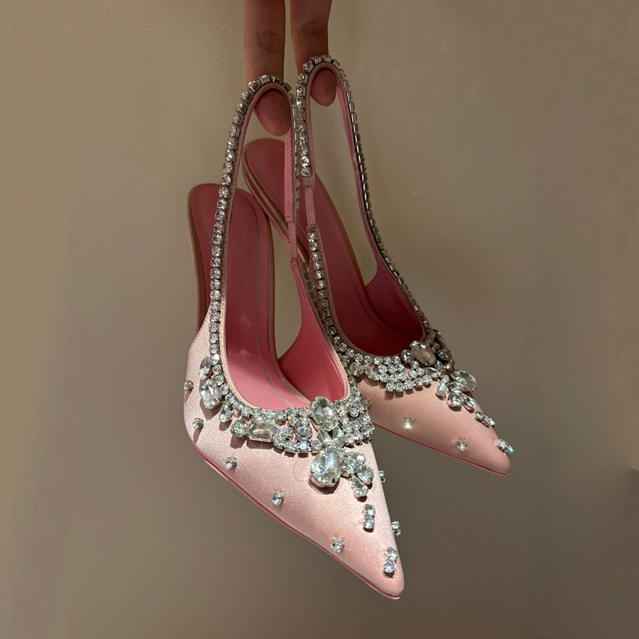 Top quality Silk rhinestone Slingback sandals Pointed Toes High heels slip on shoes women's Luxury designer heels Evening party shoes factory footwear