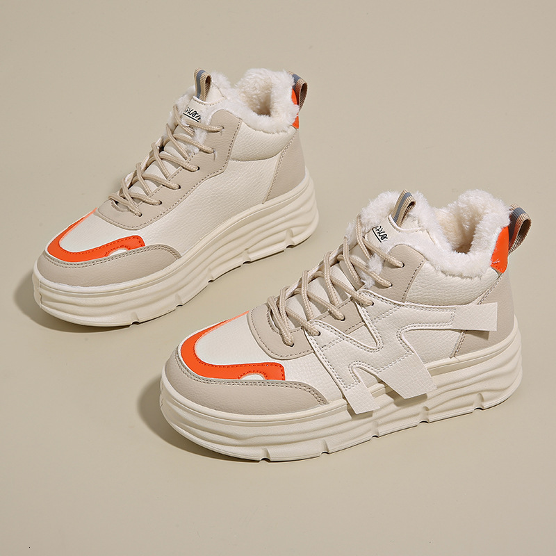 Winter Designer s New Velvet High Top White Women's Versatile Height Increasing Thick Sole Warm And Velvet Sports Casual Cotton Fashionable Shoes